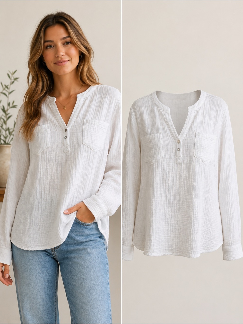 Mote | White Double Gauze Cotton Tunic Top | XXL | Coastal Cottagecore